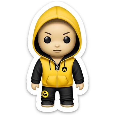 voodoo doll wearing wu-tang clan yellow and black hoodie with W logo sticker