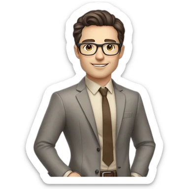 Pale skinned fit man with dark brown hair in gray jacket, beige office shirt, brown tie, brown pants and vintage glasses Writing on the flipchart sticker