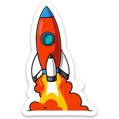 A colorful rocket blasting off with flames and clouds of smoke sticker