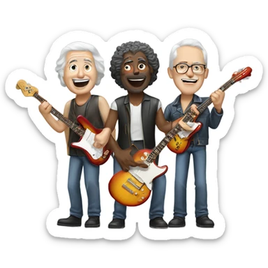 Three older white musicians jamming. one on a Gibson guitar, one on a Fender bass and one on a drum sticker