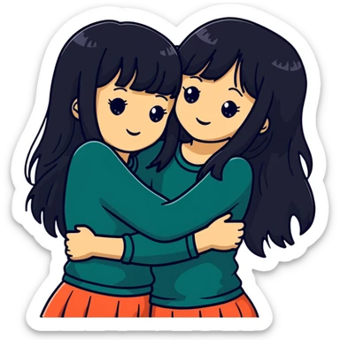 two white girls with long black hair hugging each other, one with bangs sticker