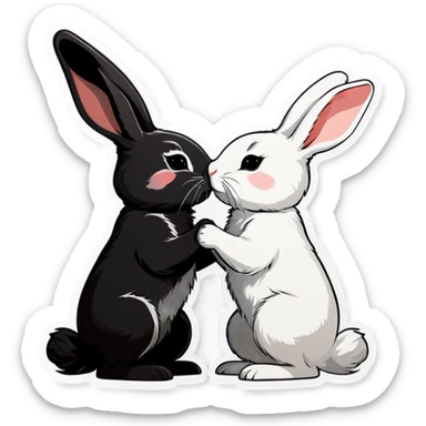 Black rabbit and white rabbit touching noses sticker