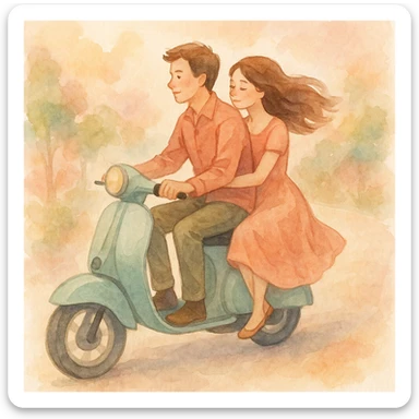 watercolour style illustration of a couple riding a scooter, soft colors, romantic atmosphere sticker