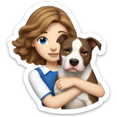 One fair brown haired girl with dark blue eyes hugging white pitbull sticker