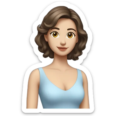 Sofia: slender body, white skin, brunette hair. Unique beauty and charisma, irresistible presence, full body, wearing a light blue midi dress sticker