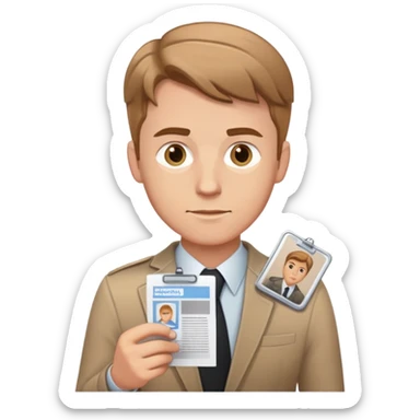 white man reporter with light brown hair, reviewing printed photos, press badge visible sticker