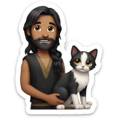 An Indian boy with a beard and long black hair holding A kitten with black ears sticker