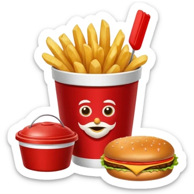 Plateau rouge avec dessus une bucket de poulet KFC , des frite dans un pot, un burgers et un coca sticker