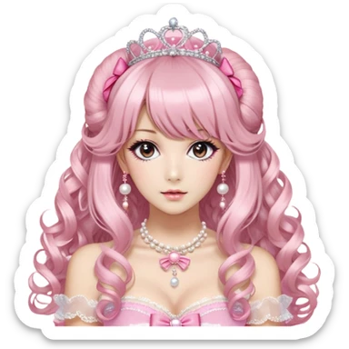 Cabello: Luce un peinado voluminoso con rizos grandes y definidos, muy característico del himegyaru. Lleva un flequillo recto y un tocado llamativo en el cabello: una tiara de brillantes y un lazo rosa con encaje y perlas colgantes, que refuerzan la estética de princesa.
	•	Maquillaje: Aunque no se ve del todo, sus ojos destacan con un estilo de maquillaje que agranda la mirada, probablemente con pestañas postizas y lentes de contacto de efecto dolly. Sus uñas están decoradas al estilo deco nails, con accesorios 3D como moños y brillantes.
	•	Ropa: Viste en tonos rosados y texturas suaves, con un vestido de encaje rosa claro y un lazo grande al centro. Encima lleva una chaqueta tipo peluche que añade ternura y contraste de texturas. El broche de My Melody en su pecho es típico del uso de peluches y accesorios cute dentro del himegyaru, donde los personajes de Sanrio son muy comunes. sticker