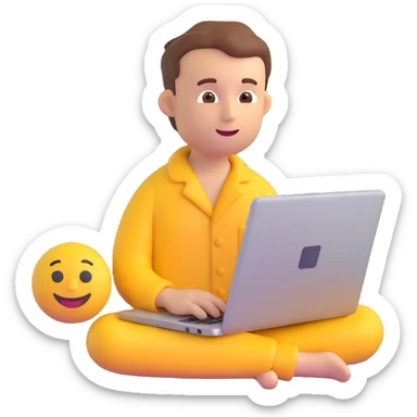 man in pajamas working on a laptop, emoji style sticker