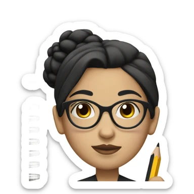 A woman with Black hair with a bun in the top of her head, she has glasses, she is writing a note on her notebook, we can see her pencil, she has white skin sticker