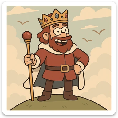 cartoon style, a king with a scepter and a jeweled crown, standing on a small hill, smiling, birds flying in the background sticker