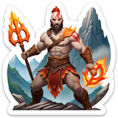 An icon showing a powerful warrior wielding a weapon, inspired by God of War: Ragnarok. The design captures the character’s strength, with dynamic motion lines. A fiery, mythological background with mountains and ruins enhances the epic atmosphere. Transparent background. sticker