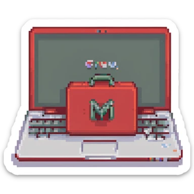 red laptop at an angle, showing 'cmv' logo on the back, pixel art style sticker