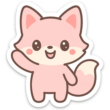 kawaii style pink fox, waving and smiling sticker