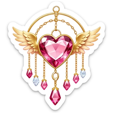 Reddish-pinkish and golden warm-colored romantic lush beautiful pretty hanging crystal-catcher aesthetic with hearts and sparkles and and white angel wings hanging from a gold chain sticker
