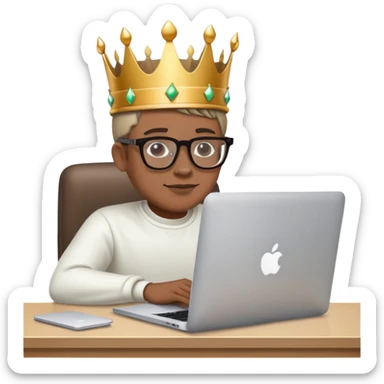 Man in glasses with crown on his head sat at the desk with MacBook  sticker