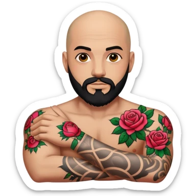 Bald man with black beard raising hand with colorful roses tattoo on forearm  sticker