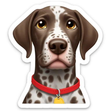 Brown spotted German short haired pointer puppy with ticking with red collar  sticker