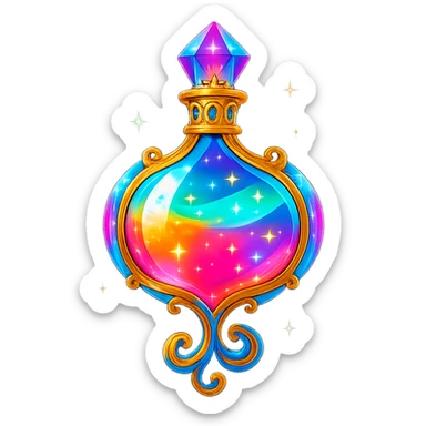 premium class crystal elixir bottle in colorful chewing gum style, bright colors, lots of glow, edges, ornaments, golden details, magical effects, very small golden neck, transparent background, beautiful connected bottom, clearly floating in air, no base or shadow, very luxurious, playful, matching the collection sticker