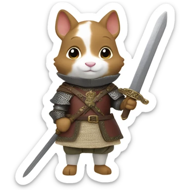 A calico critter/sylvanian families figure dressed in medieval attire with a sword sticker