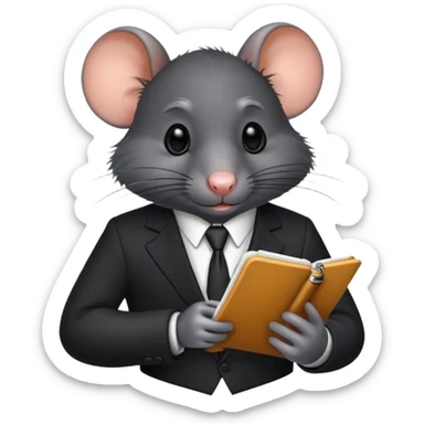 a black rat in a suit taking notes in a small notebook sticker