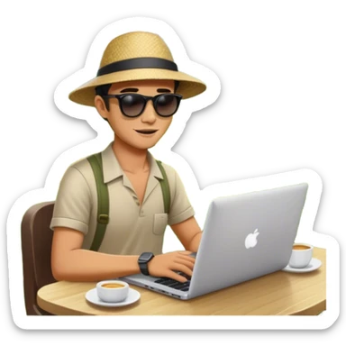 A digital nomad sits at a café in Bali, working on a laptop surrounded by lush green rice terraces and swaying palm trees sticker