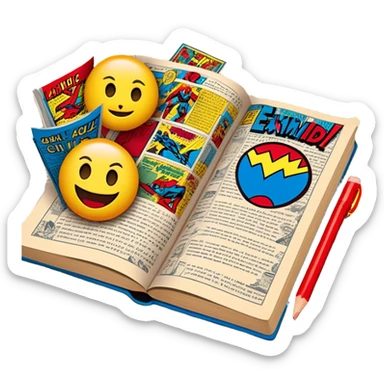 Create a vibrant emoji representing comic books and graphic novels as an art form. The design should feature a large, open comic book with vintage comic panels on the pages. Include a pencil (without a hand) gently writing text or sketching on the pages. The comic panels should have bold lines and retro-style artwork with classic comic book visuals. Use bright, energetic colors like red, yellow, and blue to evoke excitement and creativity. The overall design should feel dynamic, vintage, and artistic. Make the background transparent. emoji sticker