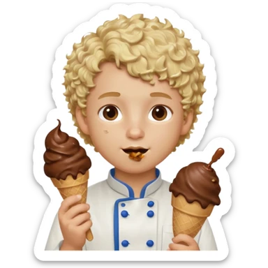boy blonde curly hair, chef, eating chocolate ice cream sticker