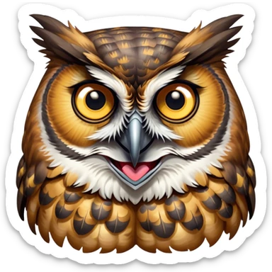 Cinematic Comical Great Horned Owl Portrait Emoji, Head tilted dramatically with an exaggeratedly amused expression, featuring a strikingly patterned mottled plumage with bold contrasts, wide, expressive golden eyes filled with playful disbelief, Simplified yet hilariously expressive features, highly detailed, glowing with a slightly sassy glow, high shine, dramatic yet playful, stylized with an air of cheeky nocturnal mischief, bright and endearing, soft glowing outline, capturing the essence of a spirited and over-the-top owl, so meme-worthy it feels like it could hoot its way into internet fame instantly! sticker