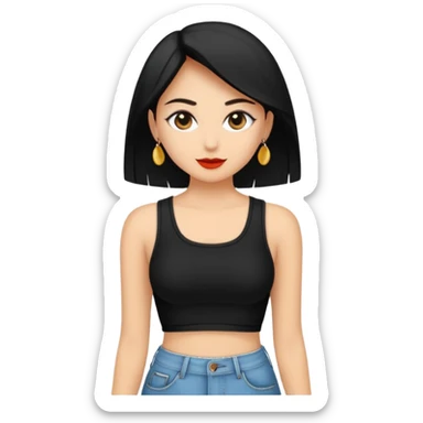 Siyah uzun saçlı siyah ceket  polar ceket ceket gevşek biraz omzundan çıkıyormuş gibi ve bugday ten rengi soltaraftaki omzundan çıkık sadece içinde de siyah crop var crop açık esmer sticker