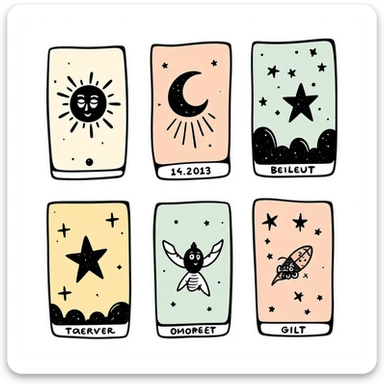 Tarot cards with mystical symbols in pastel colors (dd9fb0, ffc6d3, a3bfc9, c4bee2, f1b091), hand-drawn doodle style sticker