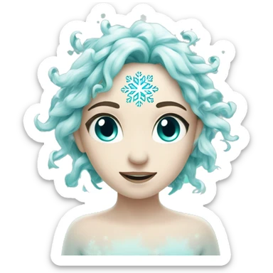 A delicate turquoise snowflake with white accents, glowing softly, floating in a wintery scene. sticker