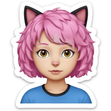 a Black cat wearing a short curly pink hair wig, blue T-shirt sticker