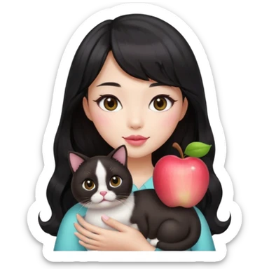 Asian woman with fair skin, black see-through bang front hair, long wavy hair to chest, round brown eyes, light pink blush, pink lips, holding a Siamese cat, Apple emoji style sticker