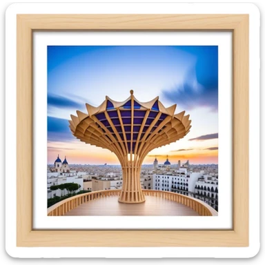 Cinematic Realistic Metropol Parasol Landmark Emoji, depicted with a modern wooden structure set against a vibrant cityscape rendered with detailed textures and dynamic, contemporary lighting. sticker