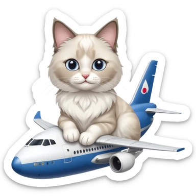 Cute ragdoll cat on an airplane. Should sit on top of the plane, cat is way bigger than airplane. Can you make the plane cooler like airbus a380 and the cat a bit happier? I liked the first and last pic out of these. Cat should be ragdoll with white and grey just like these sticker