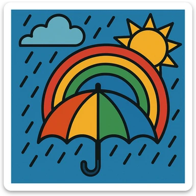 symbolic image of an umbrella under the rain with a rainbow and the sun coming out, inspired by the saying 'after the storm always comes the sun' sticker