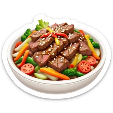 Cinematic Realistic Bulgogi Dish Emoji, featuring tender, marinated beef stir-fried with vegetables rendered with dynamic textures and mouth-watering lighting. sticker