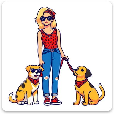 stylish woman in leopard print sleeveless top, flared jeans, sunglasses, black bag, squatting next to happy golden retriever with red bandana and blue leash, urban brick wall background, side angle sticker