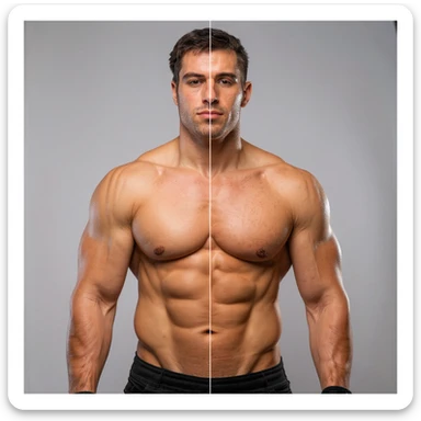 Realistic style image of a shirtless male bodybuilder, half body in mass phase, half body in definition phase, muscles and skin well highlighted. Light background. Neutral expression. sticker