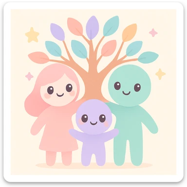 a family of three figures standing together, their bodies and arms forming the trunk and branches of a tree, warm inviting style sticker