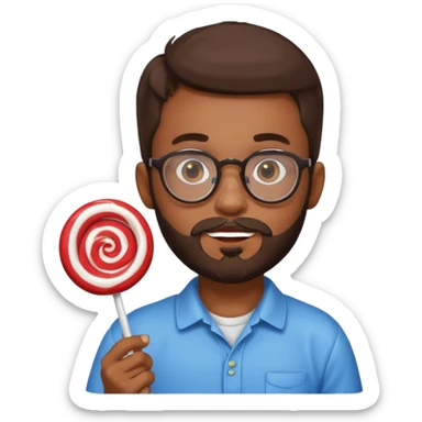 Brown boy, round face with beard and glasses holding candy sticker