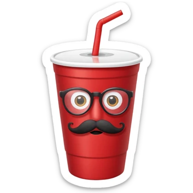 paper red cup and white straw, the cup has eyes and mouth and glassess and mustache sticker