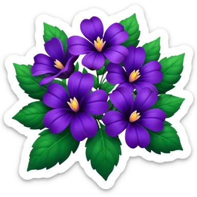 Lush bouquet of deep dark purple flowers, design should emphasize clean, thin, smooth lines to enhance the visual appeal. Bouquet should have a slight shimmery opalescent hue. Surround the flowers with realistic leaves, 8k sticker