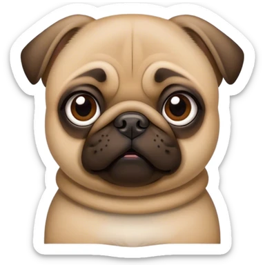 Cinematic Comical Fawn Pug Portrait Emoji, Head tilted dramatically with an exaggeratedly amused expression, featuring a glossy fawn coat with a smooth finish, wide, expressive dark eyes filled with playful disbelief, Simplified yet hilariously expressive features, highly detailed, glowing with a slightly sassy glow, high shine, dramatic yet playful, stylized with an air of cheeky mischief, bright and endearing, soft glowing outline, capturing the essence of a spirited and over-the-top companion, so meme-worthy it feels like it could side-eye its way into internet fame instantly! sticker