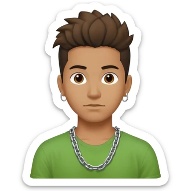 Young Latino male, hair up, with a simple chain and green T-shirt sticker