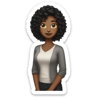 woman brown skin long black curly hair with black cat sticker