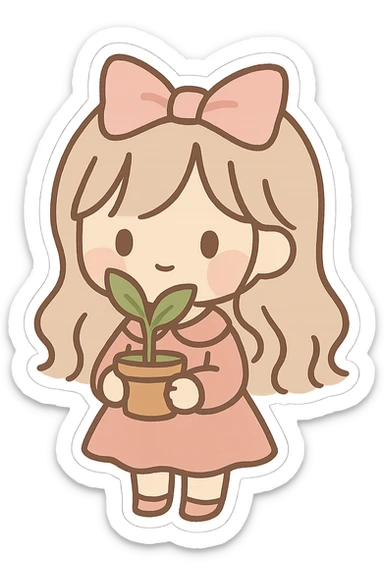 A cute and minimalist sticker of a girl holding a green plant, elegant and girly mood, color palette includes pink, beige, and green. sticker