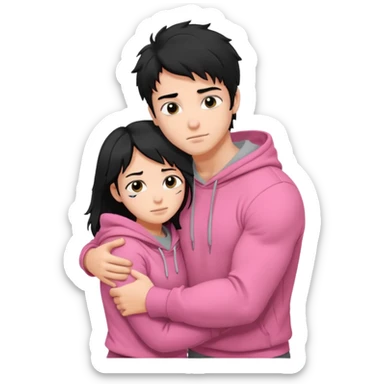 generate a pretty bratz fair skinned boy with messy black hair in a grey hoodie. Hugging his girlfriend who is wearing pink. Make him muscled sticker